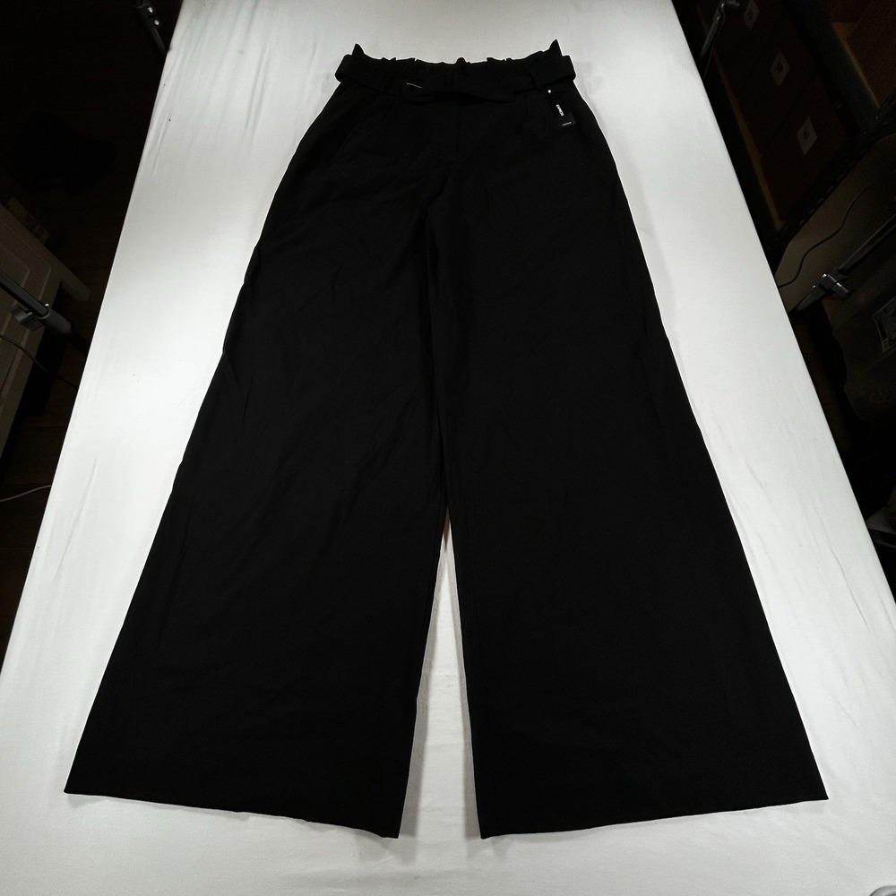 Express Black Sz 12 R Super Wide Leg High Rise Dress Pants Belt Ruffled Waist